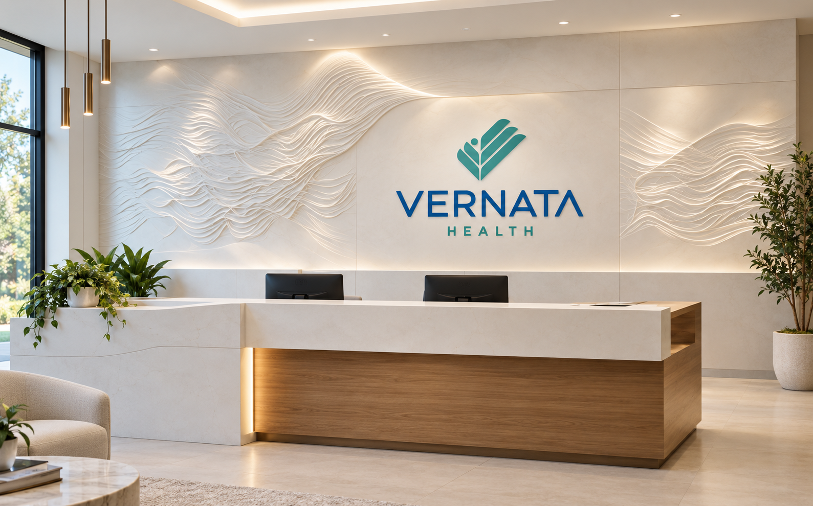 Bright modern healthcare waiting lounge with natural light
